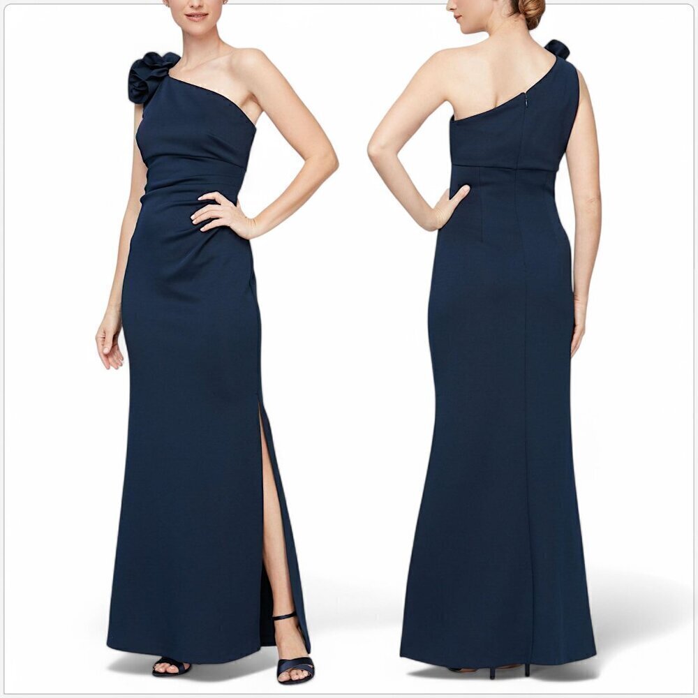 SLNY One Shoulder Flower Detail Ruched Waist Long Sheath Dress Gown Navy NWT 10